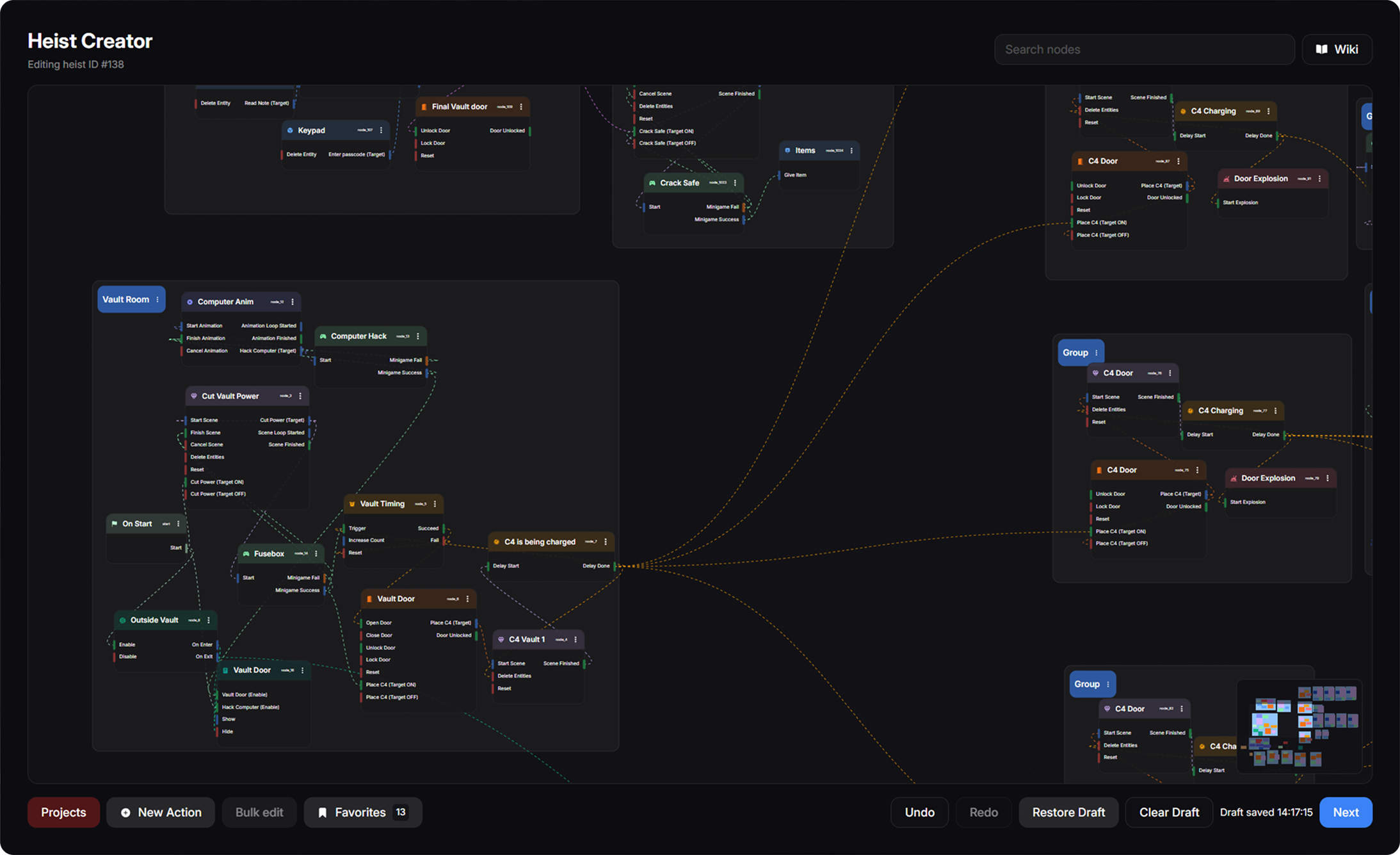 Advanced Electus Heists node flow in the visual creator