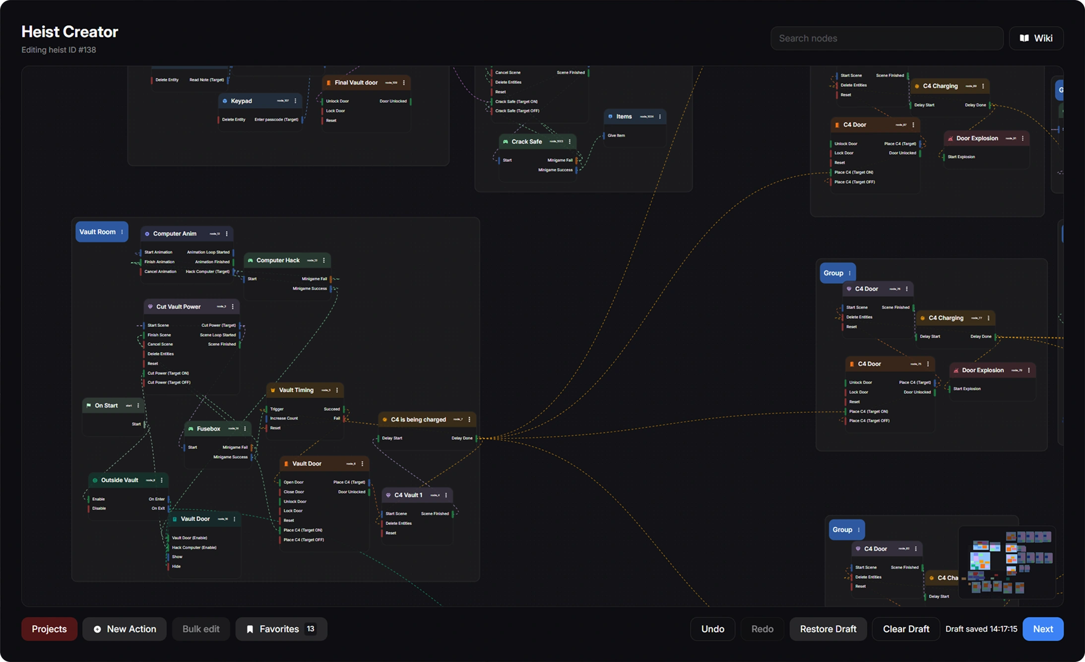 Advanced Electus Heists node flow in the visual creator