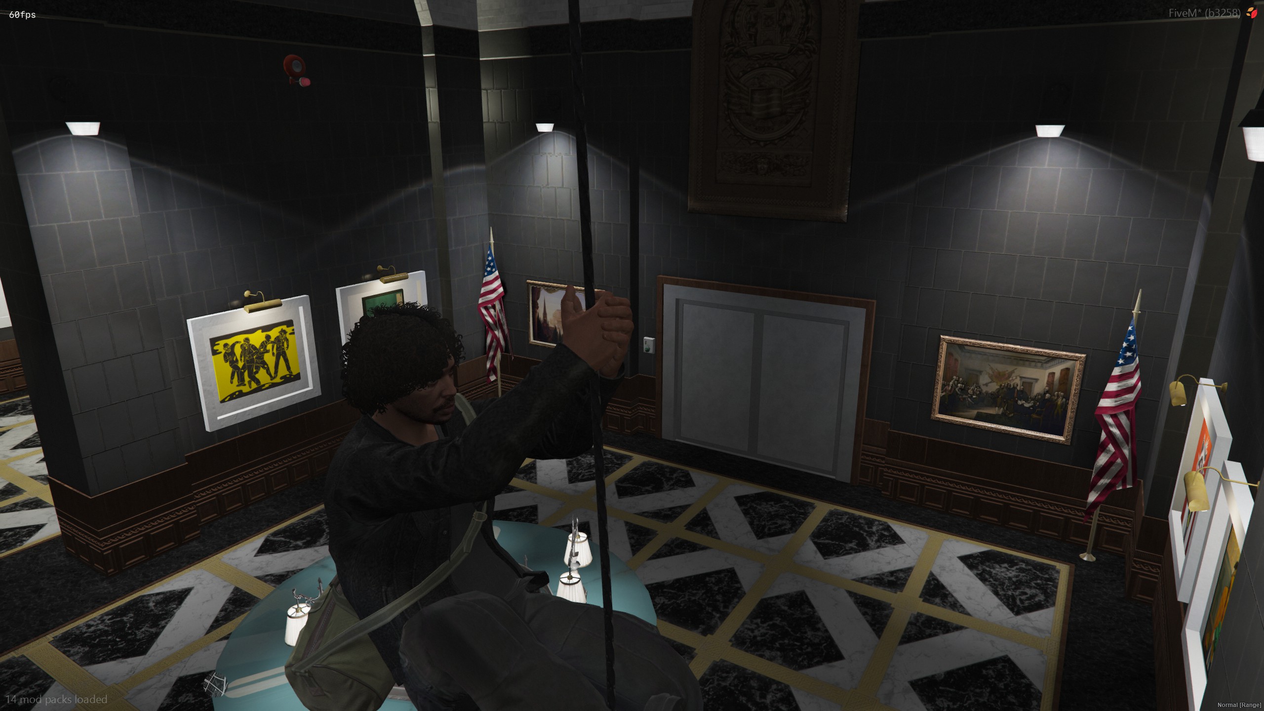 Player rappelling into an art gallery heist interior