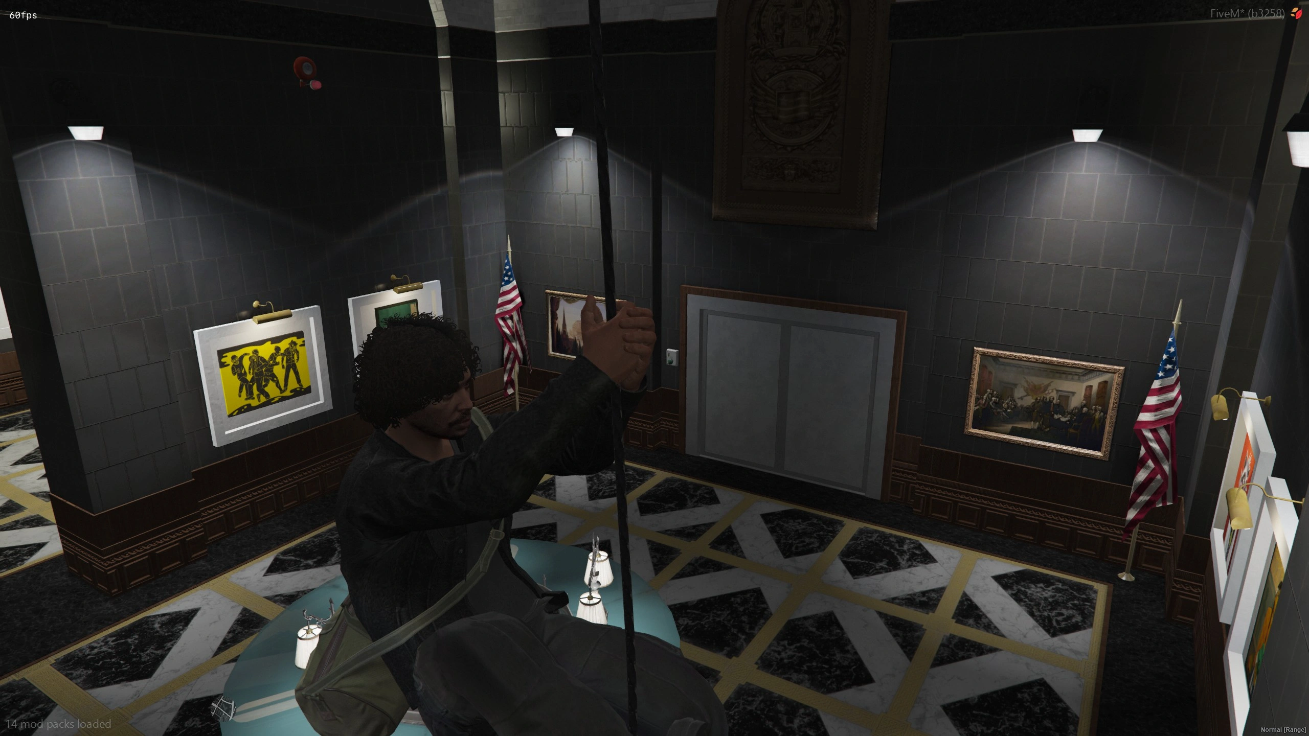 Player rappelling into an art gallery heist interior
